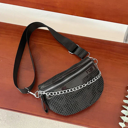 Trendy Black Crossbody Waist Bag with Chain Strap – Stylish Faux Leather Belt Bag for Women