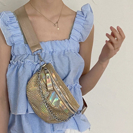 Gold Rhinestone Crossbody Belt Bag – Sparkling Evening Hip Purse with Detachable Strap