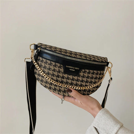Brown & Beige Houndstooth Fanny Pack Belt Bag – Women’s Crossbody Waist Bag