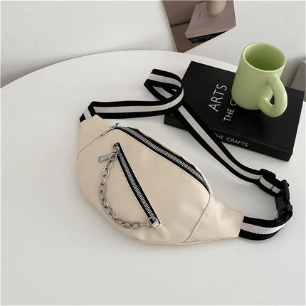 Minimalist Unisex Crossbody Belt Bag with Zipper Closure & Chain Detail – Versatile Faux Leather Waist and Shoulder Bag