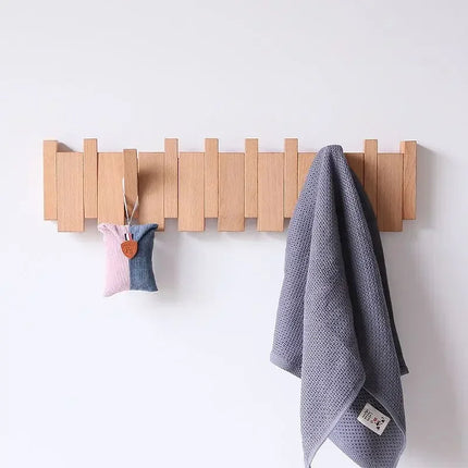 Modern Solid Wood Wall Mounted Coat Rack – Scandinavian Entryway Organizer with Hidden Flip Hooks