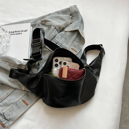 Black Leather Fanny Pack – Minimalist Belt Bag with Zipper – Versatile Crossbody & Waist Bag for Daily Use