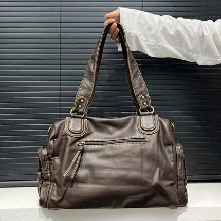 Luxe Brown Leather Shoulder Bag for Women – Spacious Handbag with Multiple Zip Compartments