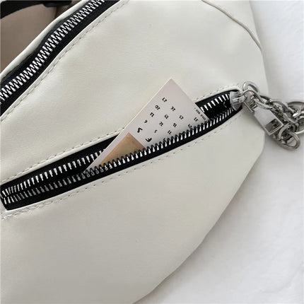 Minimalist Unisex Crossbody Belt Bag with Zipper Closure & Chain Detail – Versatile Faux Leather Waist and Shoulder Bag