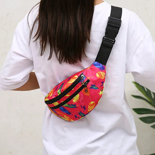 Colorful Feather Print Fanny Pack – Adjustable Crossbody & Festival Waist Bag for Women