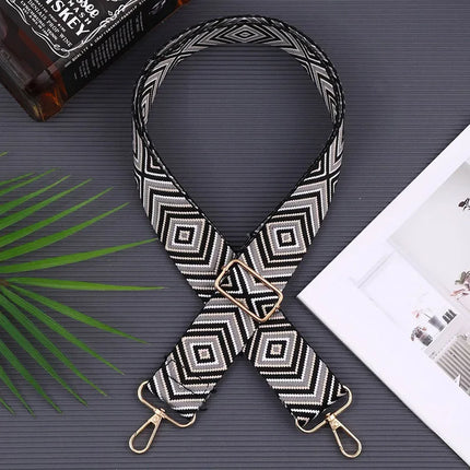 Adjustable Black & White Geometric Bag Strap – Stylish Replacement Purse Strap with Metal Clasps