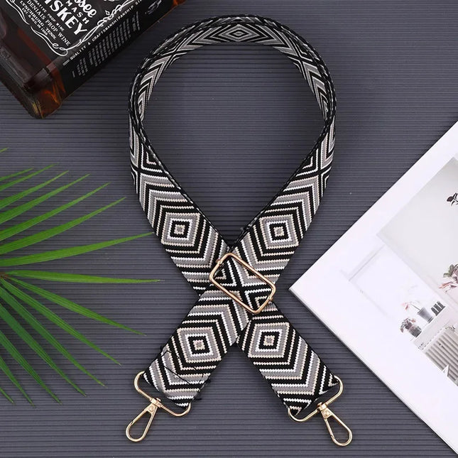 Adjustable Black & White Geometric Bag Strap – Stylish Replacement Purse Strap with Metal Clasps