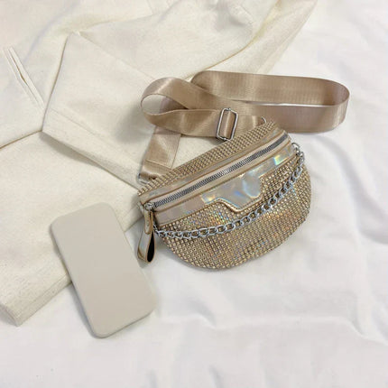 Gold Rhinestone Crossbody Belt Bag – Sparkling Evening Hip Purse with Detachable Strap