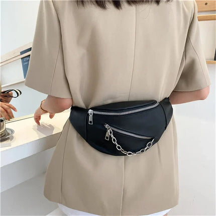 Minimalist Unisex Crossbody Belt Bag with Zipper Closure & Chain Detail – Versatile Faux Leather Waist and Shoulder Bag