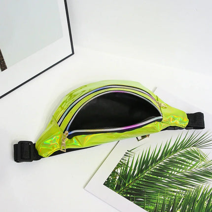 Holographic Fanny Pack – Reflective Festival Crossbody Bag with Zipper – Adjustable Waist & Shoulder Strap – Trendy Neon Silver & Purple Design