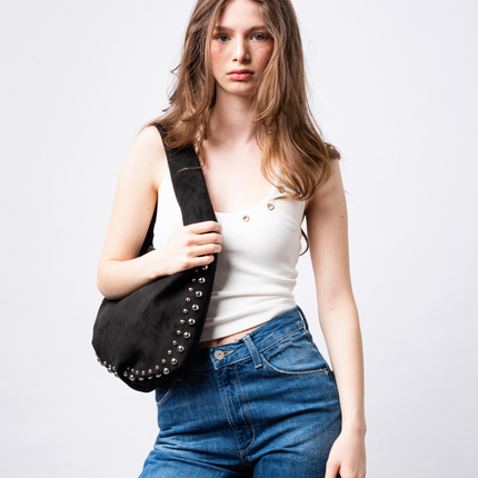 Black Vegan Leather Shoulder Bag with Studs – Bold & Stylish