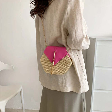 Women's Straw Shoulder Bag with Leather Accents – Lightweight & Elegant Summer Handbag