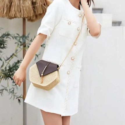 Women's Straw Shoulder Bag with Leather Accents – Lightweight & Elegant Summer Handbag