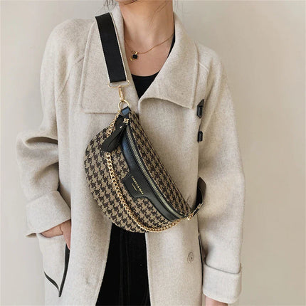 Brown & Beige Houndstooth Fanny Pack Belt Bag – Women’s Crossbody Waist Bag