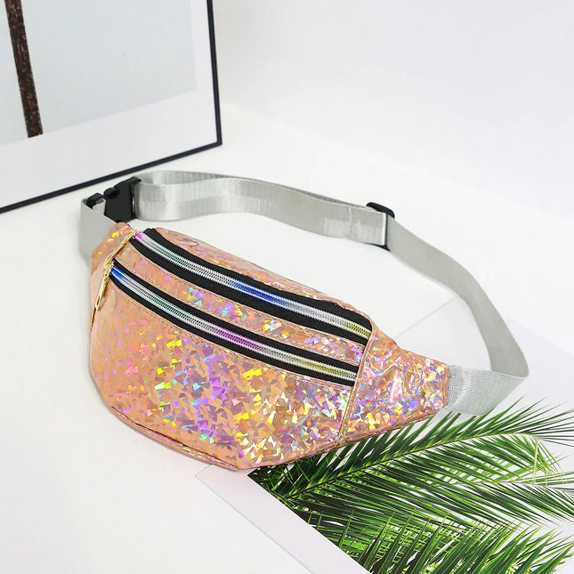 Holographic Fanny Pack & Crossbody – Iridescent Festival Waist Bag with Zipper Closure – Adjustable Belt for Concerts & Street Style