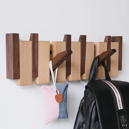 Modern Solid Wood Wall Mounted Coat Rack – Scandinavian Entryway Organizer with Hidden Flip Hooks