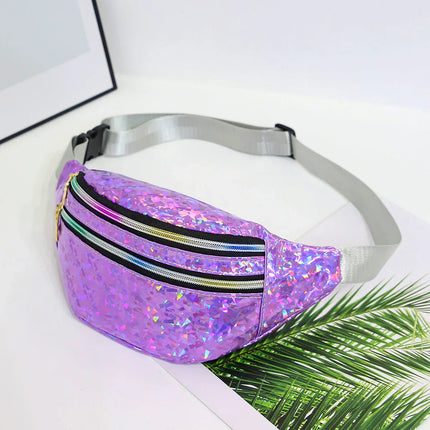 Holographic Fanny Pack & Crossbody – Iridescent Festival Waist Bag with Zipper Closure – Adjustable Belt for Concerts & Street Style