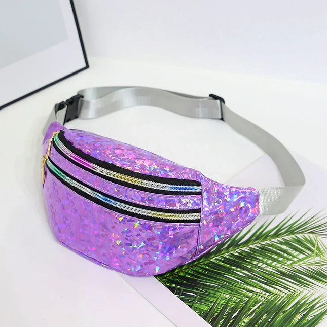 Holographic Fanny Pack & Crossbody – Iridescent Festival Waist Bag with Zipper Closure – Adjustable Belt for Concerts & Street Style