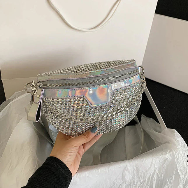 Silver Glitter Crossbody & Waist Bag – 3-in-1 Convertible Sparkle Purse for Women