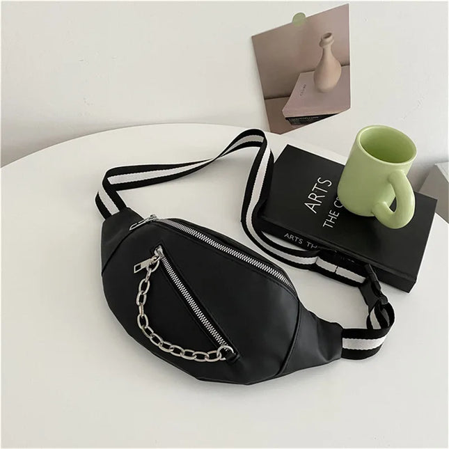 Minimalist Unisex Crossbody Belt Bag with Zipper Closure & Chain Detail – Versatile Faux Leather Waist and Shoulder Bag