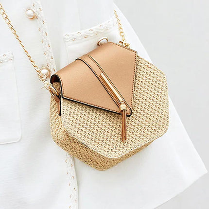 Women's Straw Shoulder Bag with Leather Accents – Lightweight & Elegant Summer Handbag