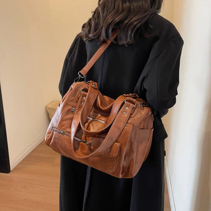 Women's PU Leather Shoulder Bag with Multiple Pockets – Spacious Handbag for Daily Use