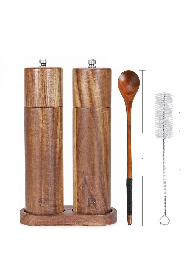 Wooden Salt & Pepper Grinder Set with Tray – 8.9" x 2.2" Elegant Kitchen Spice Mills