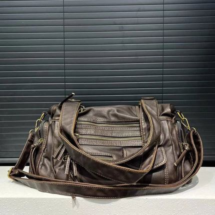 Luxe Brown Leather Shoulder Bag for Women – Spacious Handbag with Multiple Zip Compartments