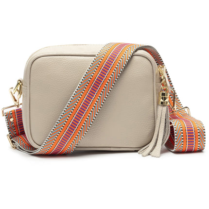 Beige Crossbody Bag for Women – Adjustable Strap with Ethnic Print & Tassel Detail