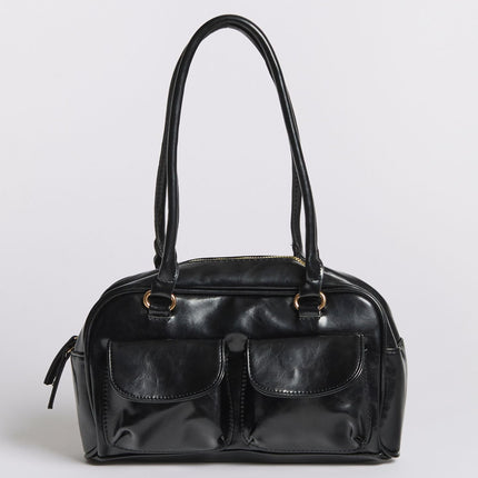 Vegan Leather Black Handbag with Dual Front Pockets – Stylish & Spacious