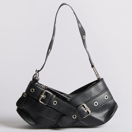 Vegan Leather Black Shoulder Bag with Buckle Details – Stylish & Sustainable