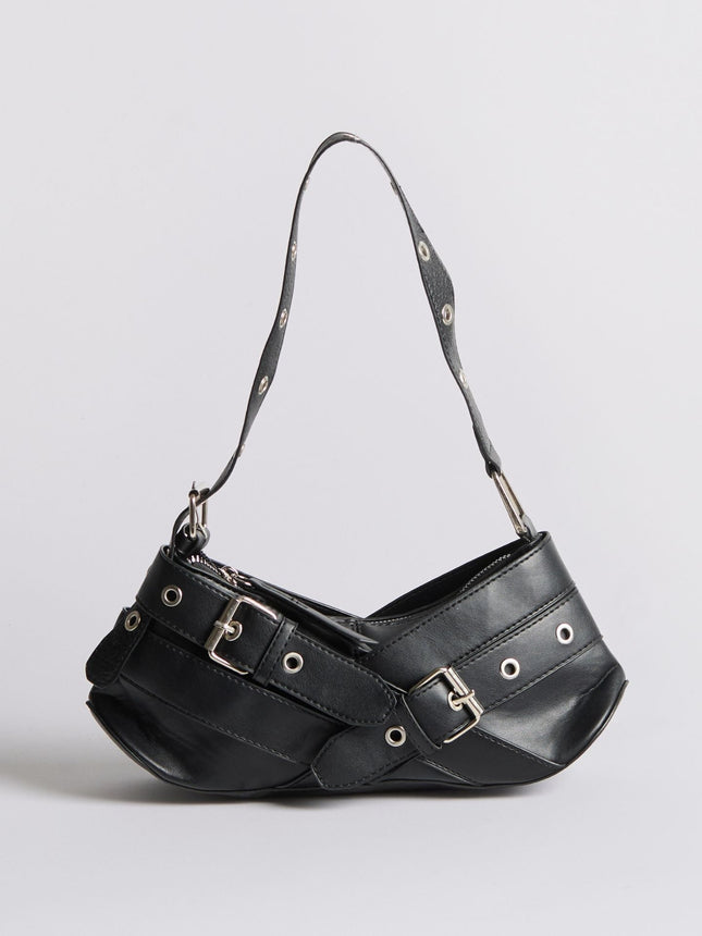 Vegan Leather Black Shoulder Bag with Buckle Details – Stylish & Sustainable