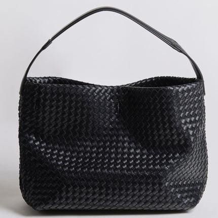 Vegan Leather Woven Hobo Shoulder Bag – Black, Stylish & Spacious