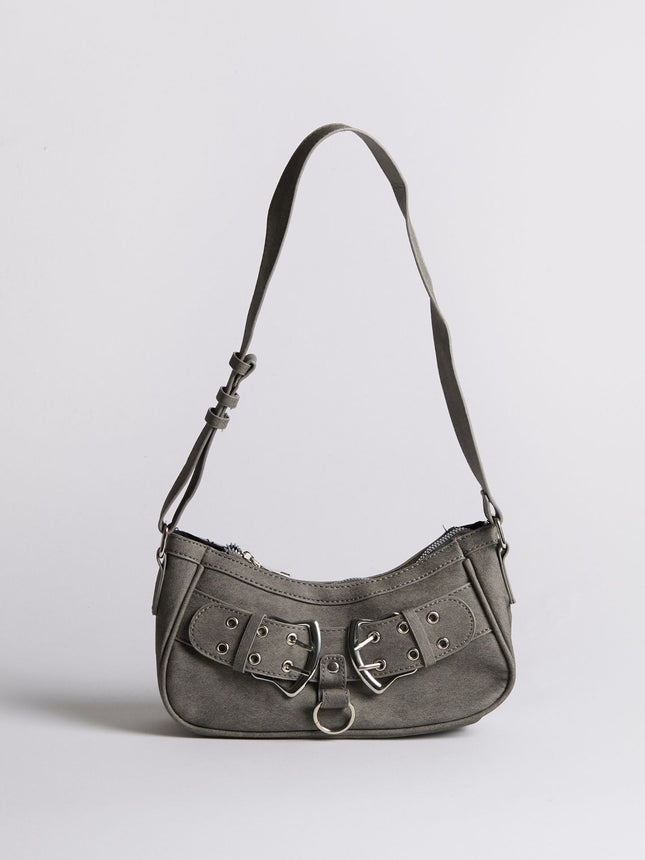 Trendy Grey Shoulder Bag with Buckle – Compact & Stylish