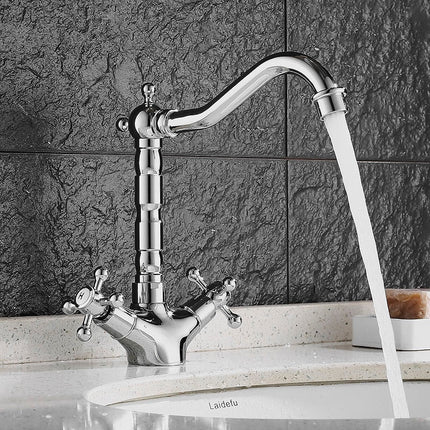 Vintage Wall-Mount Bathroom Faucet – Classic Retro Sink Tap with Dual Handles & Antique Brass Finish