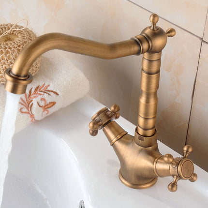 Vintage Wall-Mount Bathroom Faucet – Classic Retro Sink Tap with Dual Handles & Antique Brass Finish