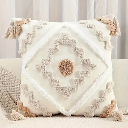 Boho Beige Decorative Cushion with Tassels – Handwoven Throw Pillow for Sofa & Bed