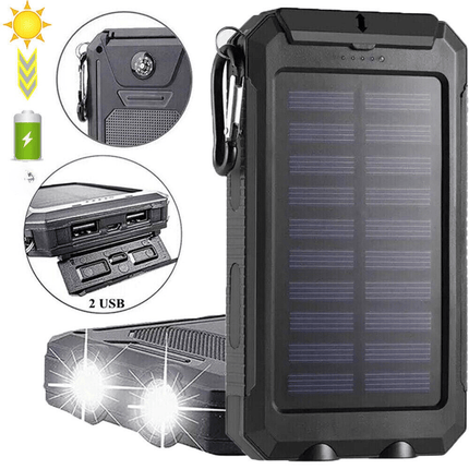Solar Power Bank 20,000mAh – Waterproof Portable Charger with Dual USB Ports, LED Flashlight & Carabiner – Ideal for Camping, Hiking & Outdoor Adventures