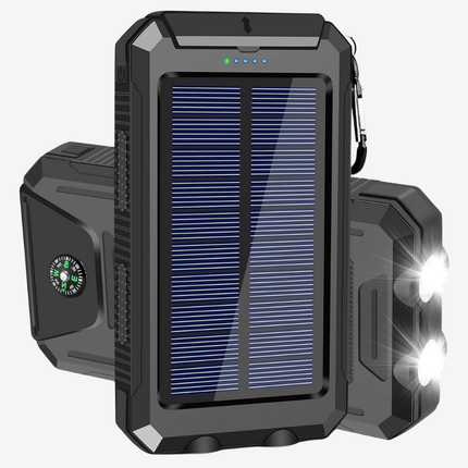 Solar Power Bank 20,000mAh – Waterproof Portable Charger with Dual USB Ports, LED Flashlight & Carabiner – Ideal for Camping, Hiking & Outdoor Adventures