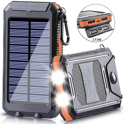 Solar Power Bank 20,000mAh – Waterproof Portable Charger with Dual USB Ports, LED Flashlight & Carabiner – Ideal for Camping, Hiking & Outdoor Adventures