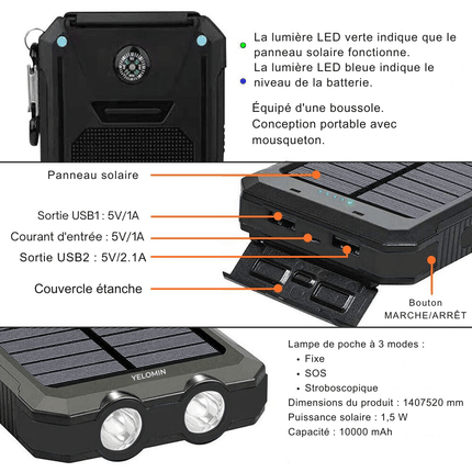 Solar Power Bank 20,000mAh – Waterproof Portable Charger with Dual USB Ports, LED Flashlight & Carabiner – Ideal for Camping, Hiking & Outdoor Adventures