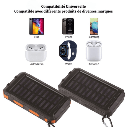 Solar Power Bank 20,000mAh – Waterproof Portable Charger with Dual USB Ports, LED Flashlight & Carabiner – Ideal for Camping, Hiking & Outdoor Adventures