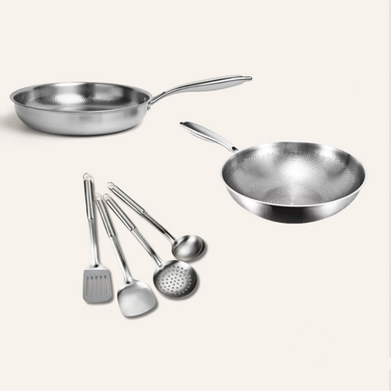 Premium Titanium Fry Pan & Utensil Set – Hammered Surface Skillets with Cooking Tool Essentials