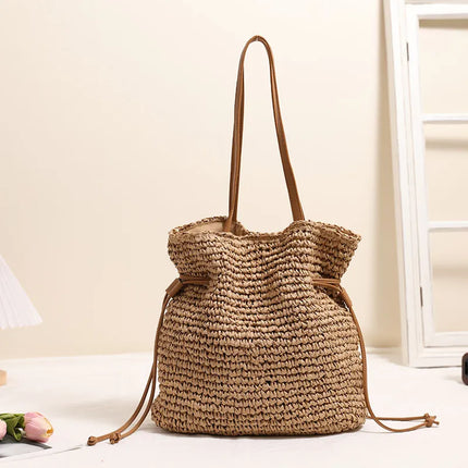 Women's Straw Beach Tote Bag – Large Woven Handbag with Leather Handles for Summer