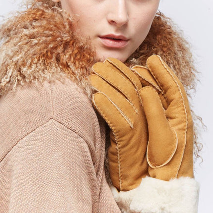 Women's Sheepskin Leather Gloves with Shearling Wool Lining & Fur Trim – Warm, Stylish & Durable Winter Accessory