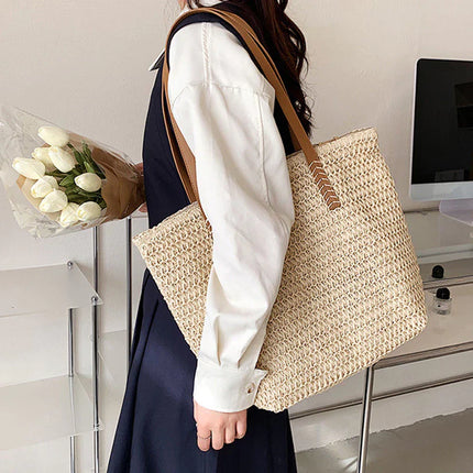Women's Straw Beach Tote Bag – Large Woven Handbag with Leather Handles for Summer