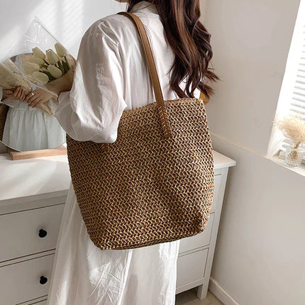 Women's Straw Beach Tote Bag – Large Woven Handbag with Leather Handles for Summer