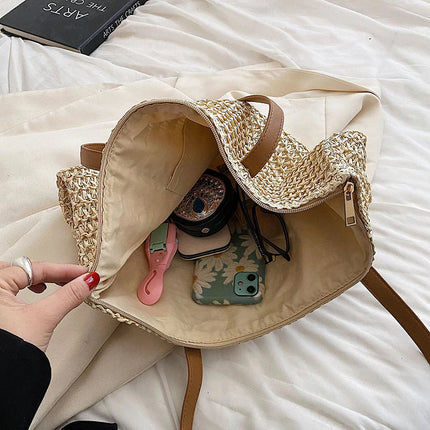 Women's Straw Beach Tote Bag – Large Woven Handbag with Leather Handles for Summer