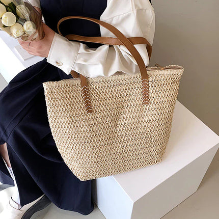 Women's Straw Beach Tote Bag – Large Woven Handbag with Leather Handles for Summer