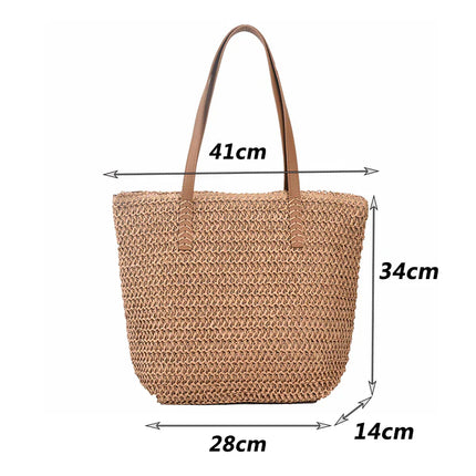 Women's Straw Beach Tote Bag – Large Woven Handbag with Leather Handles for Summer
